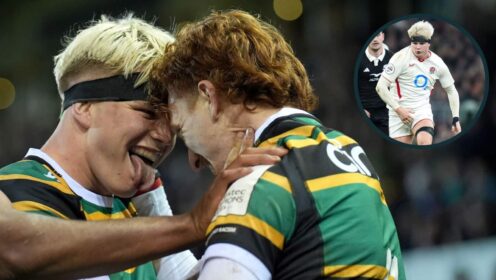 Henry Pollock celebrates against the Bulls and in action for England versus the All Blacks (inset).