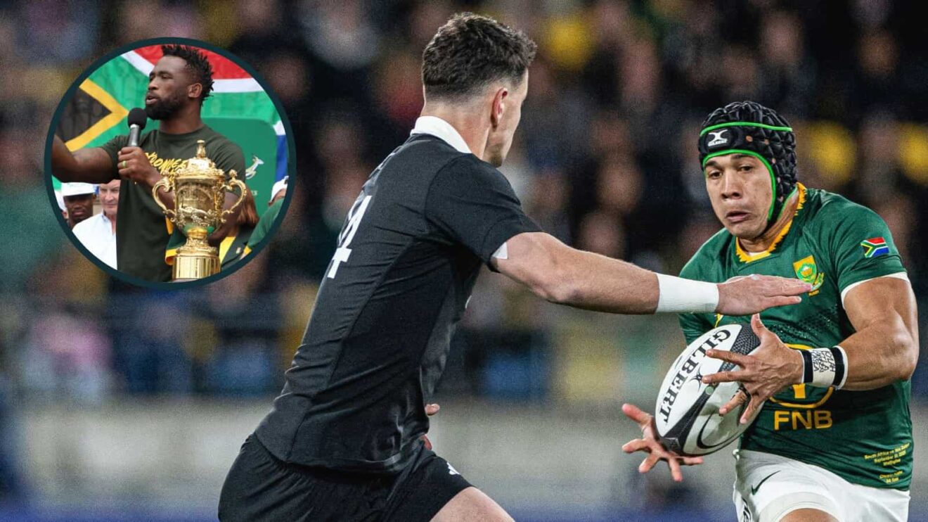 All Blacks taking on the Springboks in 2025 and captain Siya Kolisi with the Rugby World Cup trophy (inset) after 2023 win.