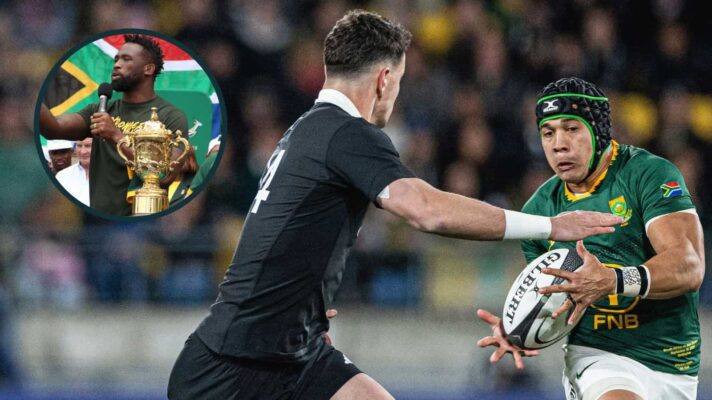 All Blacks taking on the Springboks in 2025 and captain Siya Kolisi with the Rugby World Cup trophy (inset) after 2023 win.