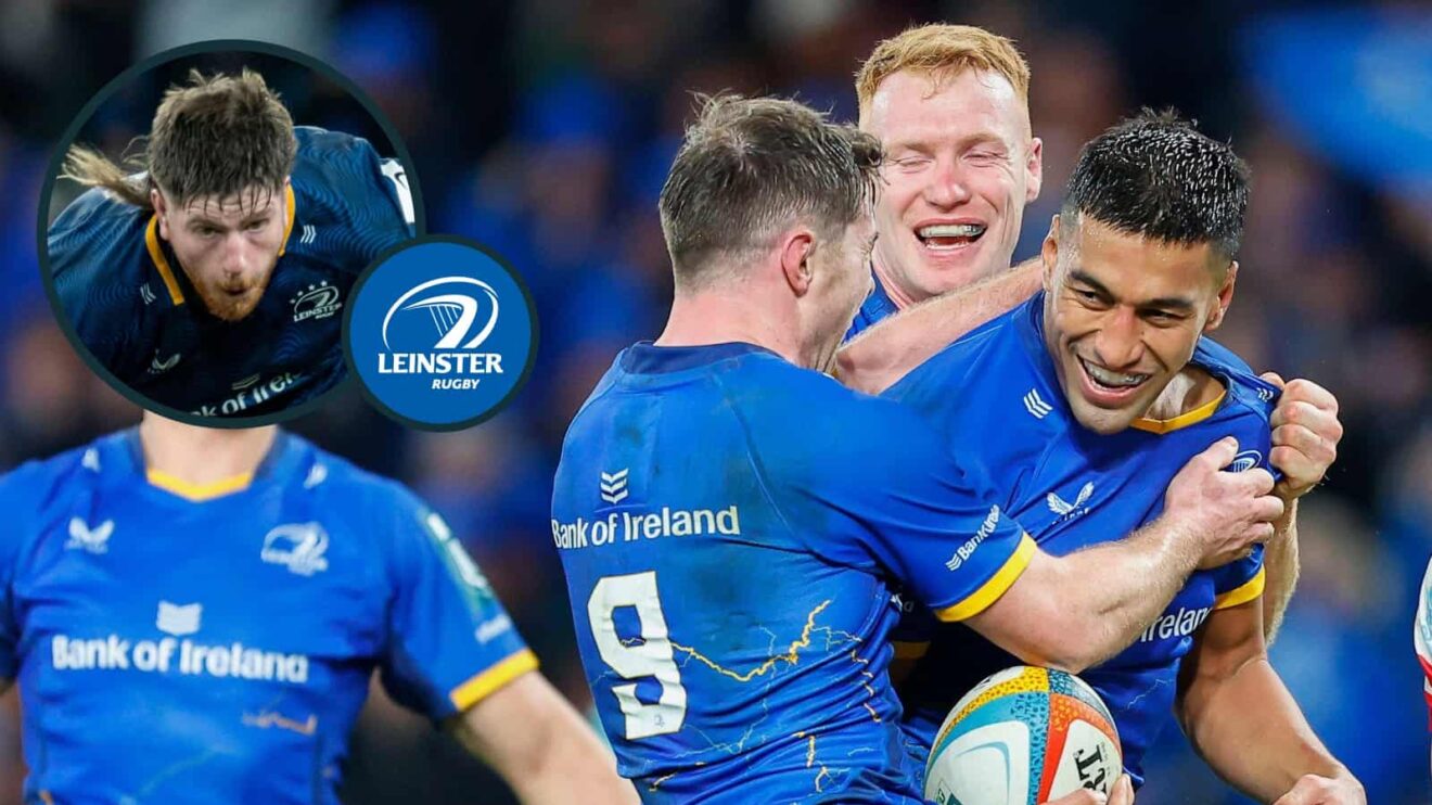 Rieko Ioane celebrates first try for Leinster and Joe McCarthy on the charge (inset).