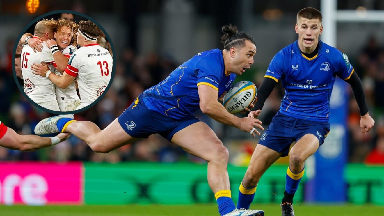James Lowe and Sam Prendergast in action for Leinster against Ulster.