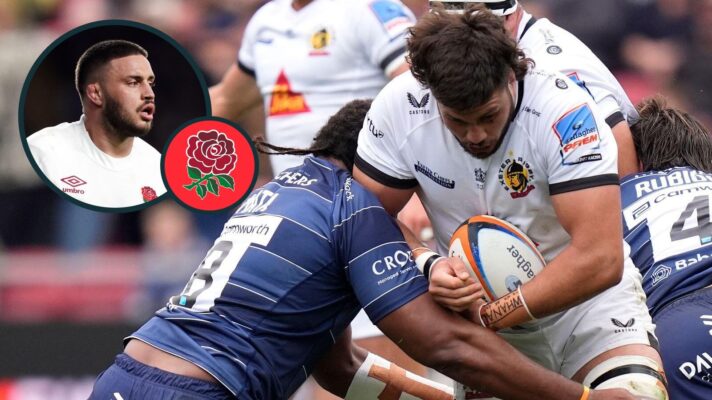A two layered image of Ethan Roots in action for Exeter Chiefs and England