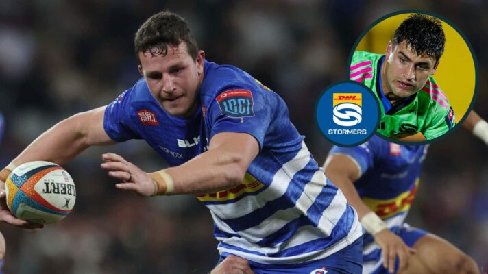 JD Schickerling and Paul de Villiers (inset) in action for the Stormers in 2025.