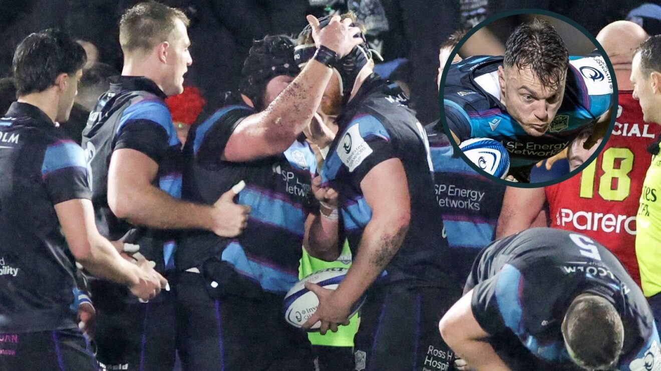 Glasgow Warriors players celebrating a try v Toulouse with an inset of Jack Dempsey