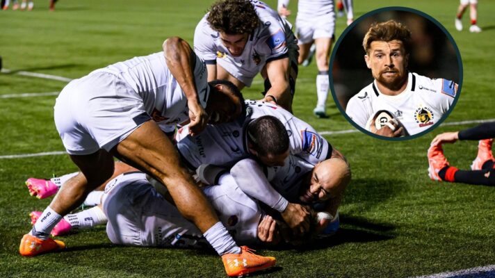 A two layered image of Exeter Chiefs players celebrating and Henry Slade