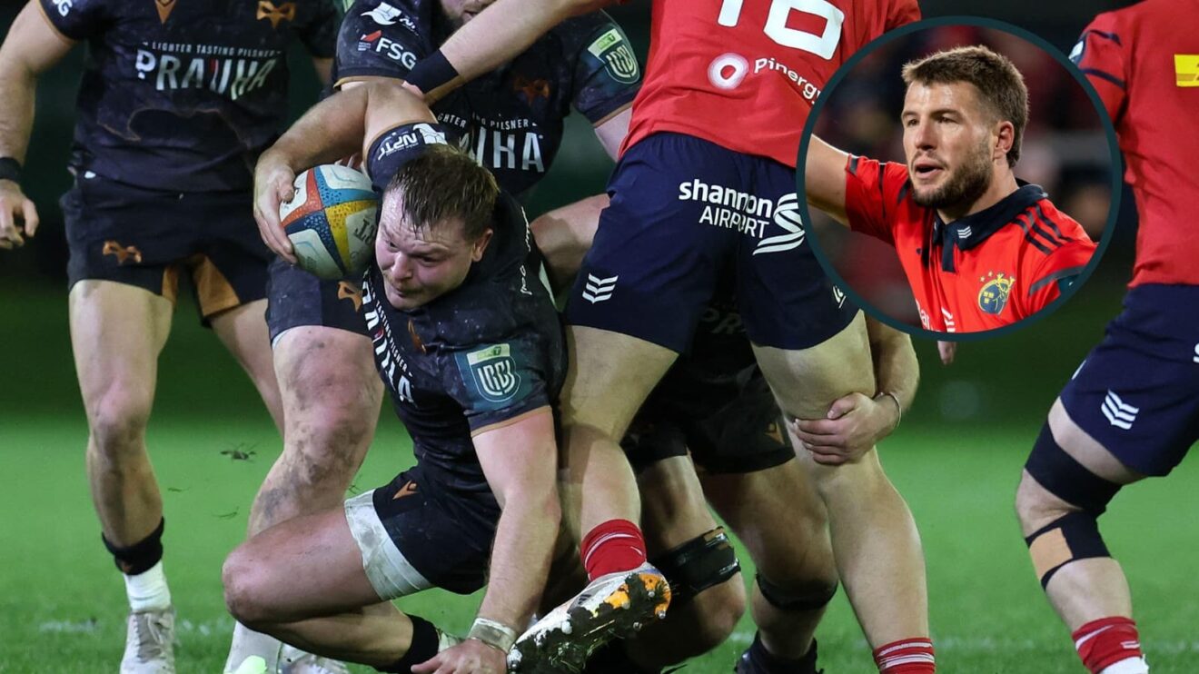 two layer image featuring Ospreys' Dewi Lake and Munster's Alex Nankivell
