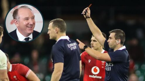Referee Luc Ramos issues a red card and an inset of World Rugby Chair Brett Robinson.