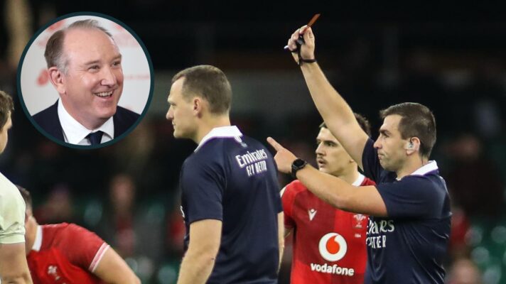 Referee Luc Ramos issues a red card and an inset of World Rugby Chair Brett Robinson.