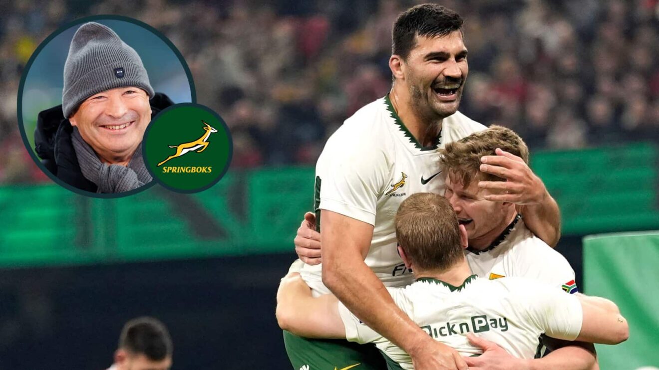 Springboks Ethan Hooker, Damian de Allende and Morne van den Berg celebrate a try and an inset of Eddie Jones.