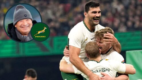 Springboks Ethan Hooker, Damian de Allende and Morne van den Berg celebrate a try and an inset of Eddie Jones.