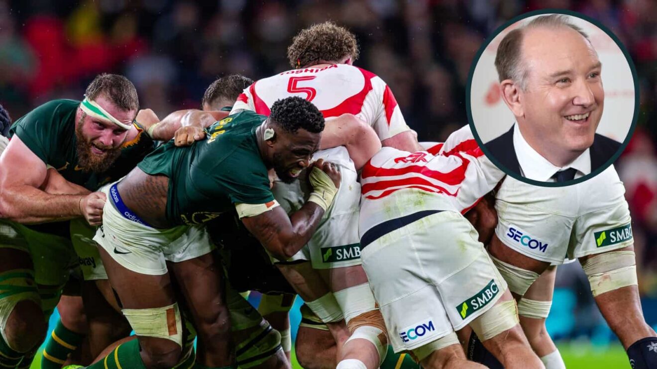 Springboks maul against Japan and an inset of World Rugby CEO Brett Robinson.
