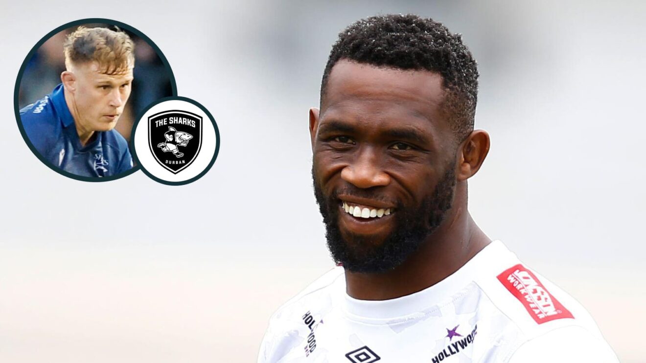 Sharks flanker Siya Kolisi and an inset of Sale Sharks' Dan du Preez.