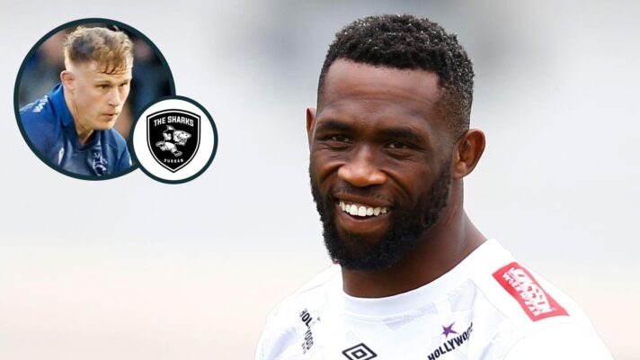 Sharks flanker Siya Kolisi and an inset of Sale Sharks' Dan du Preez.