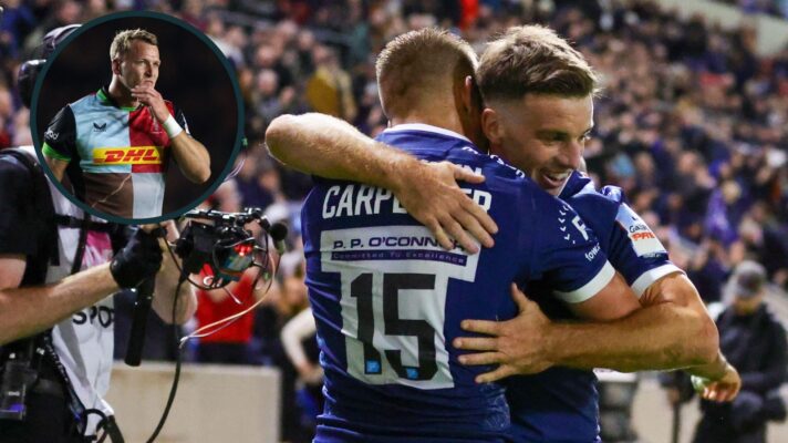 A two layered image of George Ford, Joe Carpenter and Alex Dombrandt