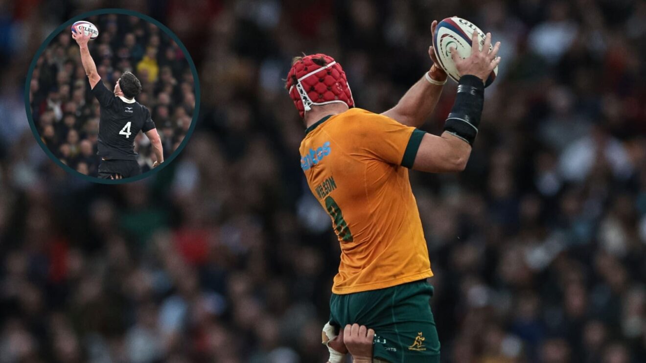Australia's Harry Wilson winning a lineout and an inset of All Blacks captain Scott Barrett catching the ball.