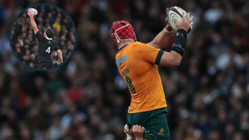 Australia's Harry Wilson winning a lineout and an inset of All Blacks captain Scott Barrett catching the ball.