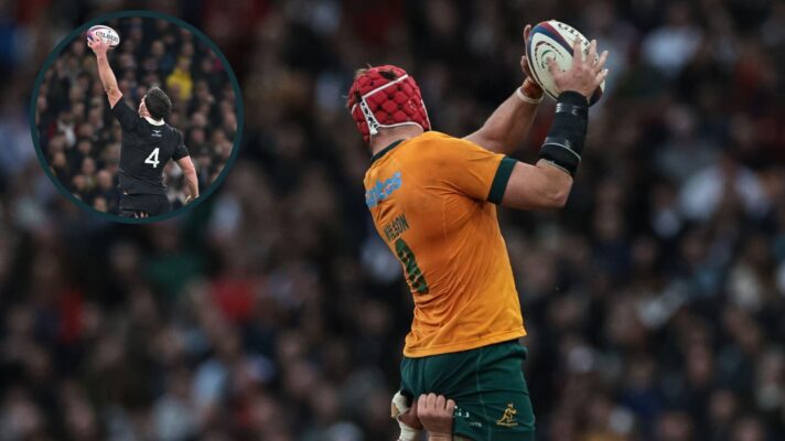 Australia's Harry Wilson winning a lineout and an inset of All Blacks captain Scott Barrett catching the ball.