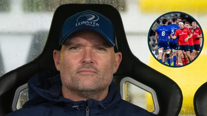 two layer image featuring Leinster coach Jacques Nienaber and Munster players shaking hands