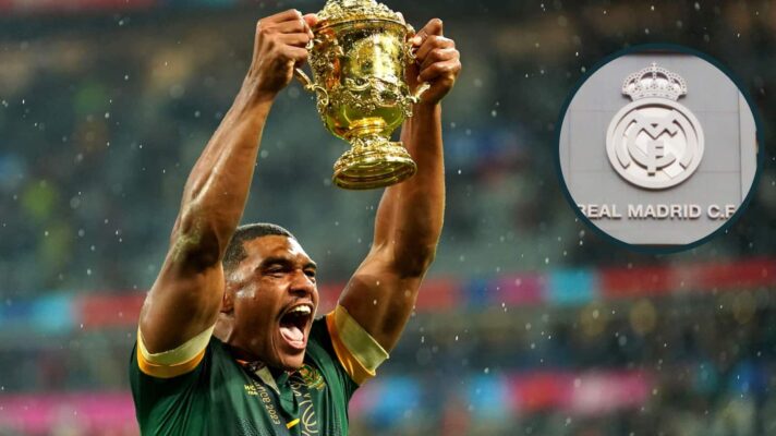 Damian Willemse after the 2023 Rugby World Cup final and an inset of the Santiago Bernabeu.