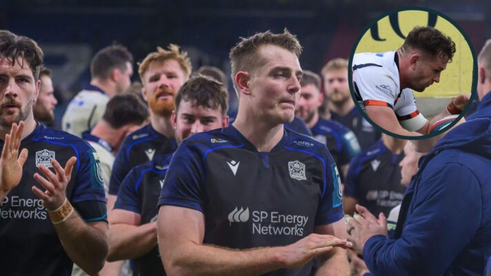 A two layered image of Glasgow players and Magnus Bradbury