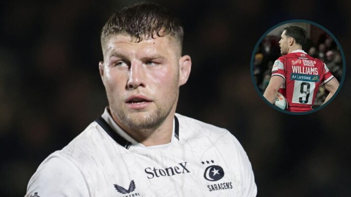 Saracens star Tom Willis and an inset of Gloucester's Tomos Williams.