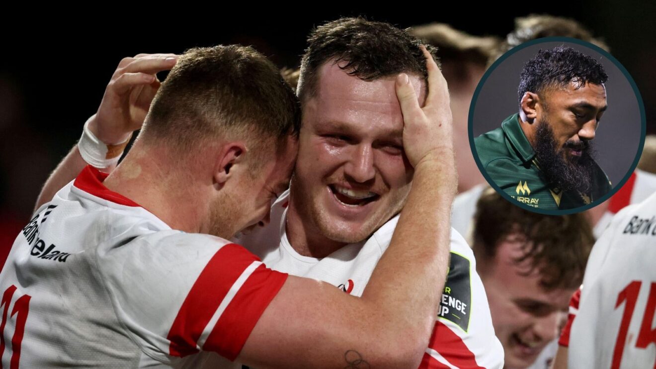 A two layered image of Ulster players celebrating and Bundee Aki