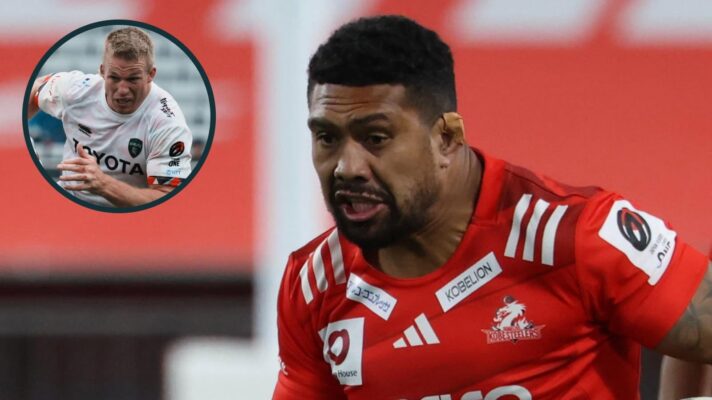 Kobe's Ardie Savea and an inset of Toyota Verblitz's Pieter-Steph du Toit.