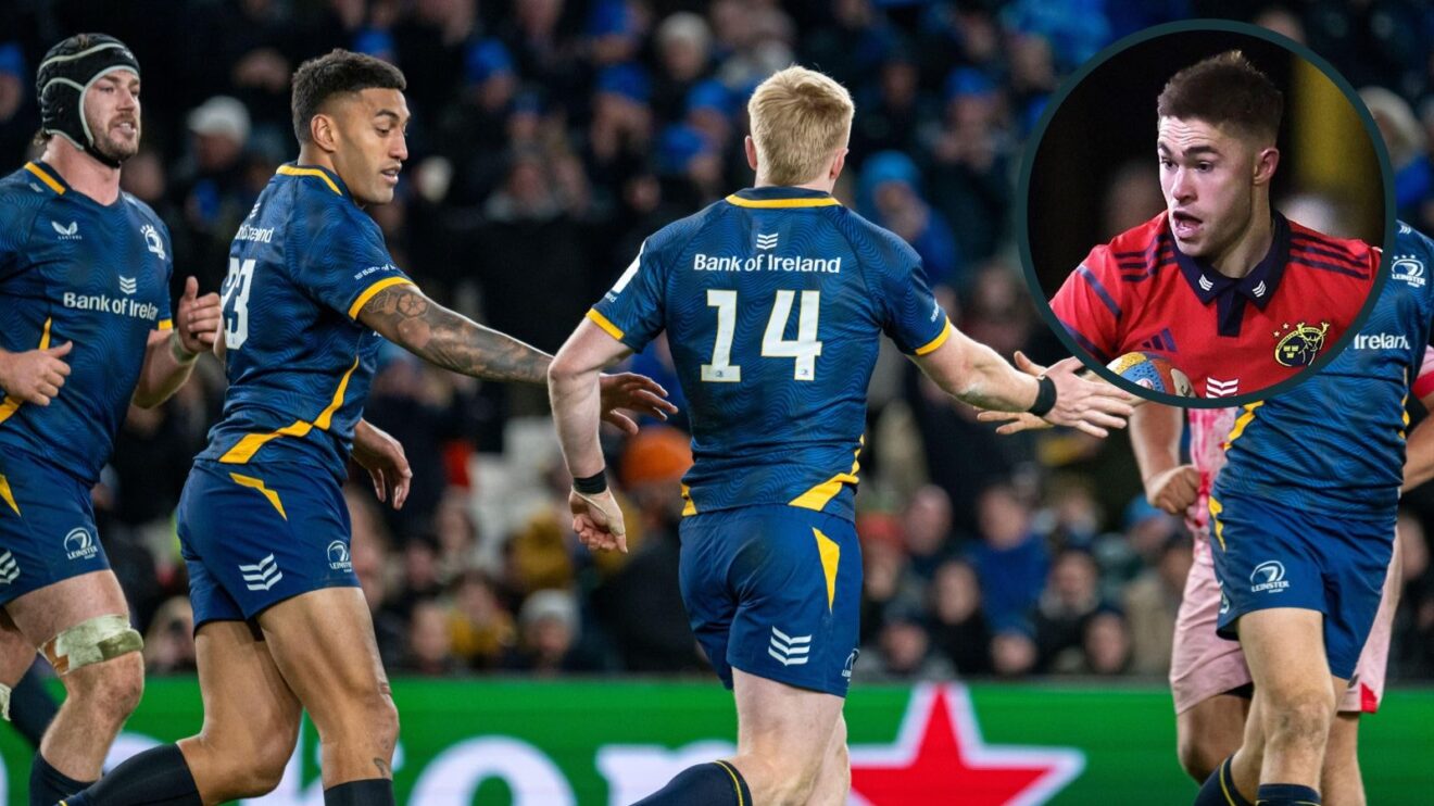 A two layered image of Leinster players and Jack Crowley