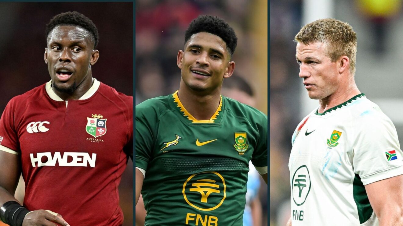 A three panel image of Maro Itoje (left), Sacha Feinberg-Mngomezulu (centre) and Pieter-Steph du Toit (right)