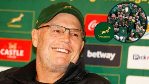 Springboks head coach Rassie Erasmus and the South Africa team with the Rugby Championship trophy (inset).