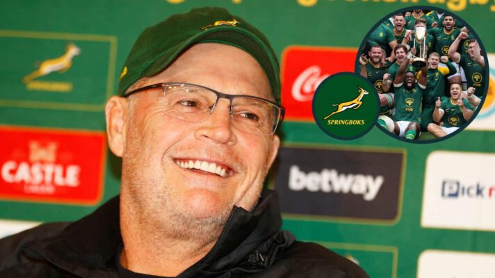 Springboks head coach Rassie Erasmus and the South Africa team with the Rugby Championship trophy (inset).