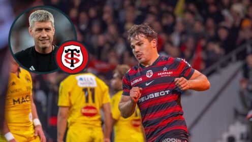 two layer image of Antoine Dupont and Ronan O'Gara