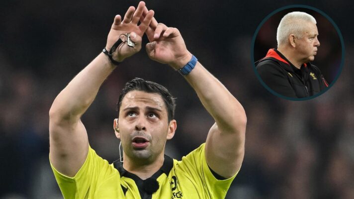 Referee Nika Amashukeli going to the TMO and former Lions head coach Warren Gatland (inset).