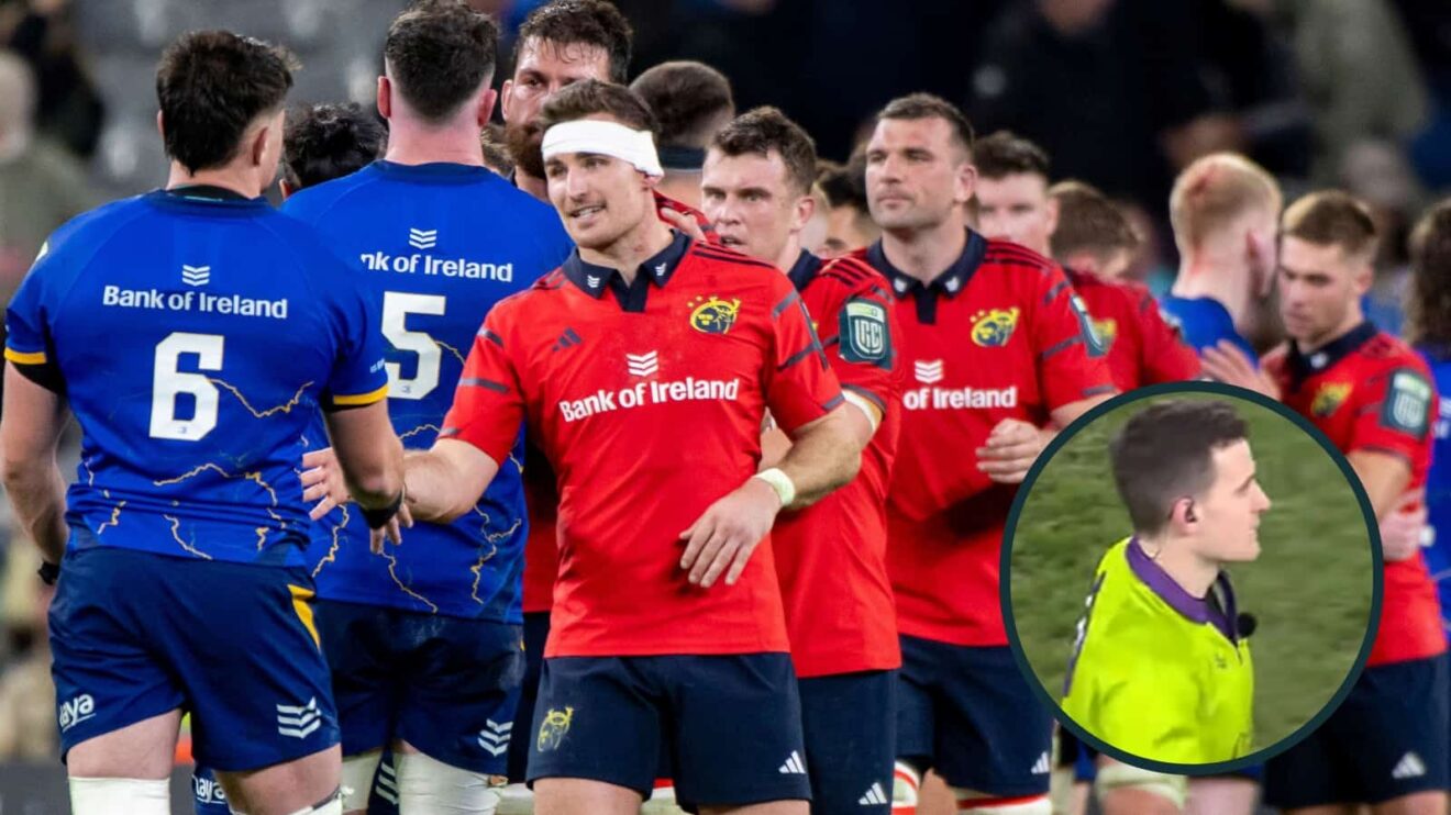 Leinster and Munster players after a game in 2025, and referee for December 28 game, Peter Martin (inset).