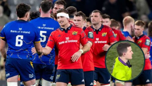 Leinster and Munster players after a game in 2025, and referee for December 28 game, Peter Martin (inset).