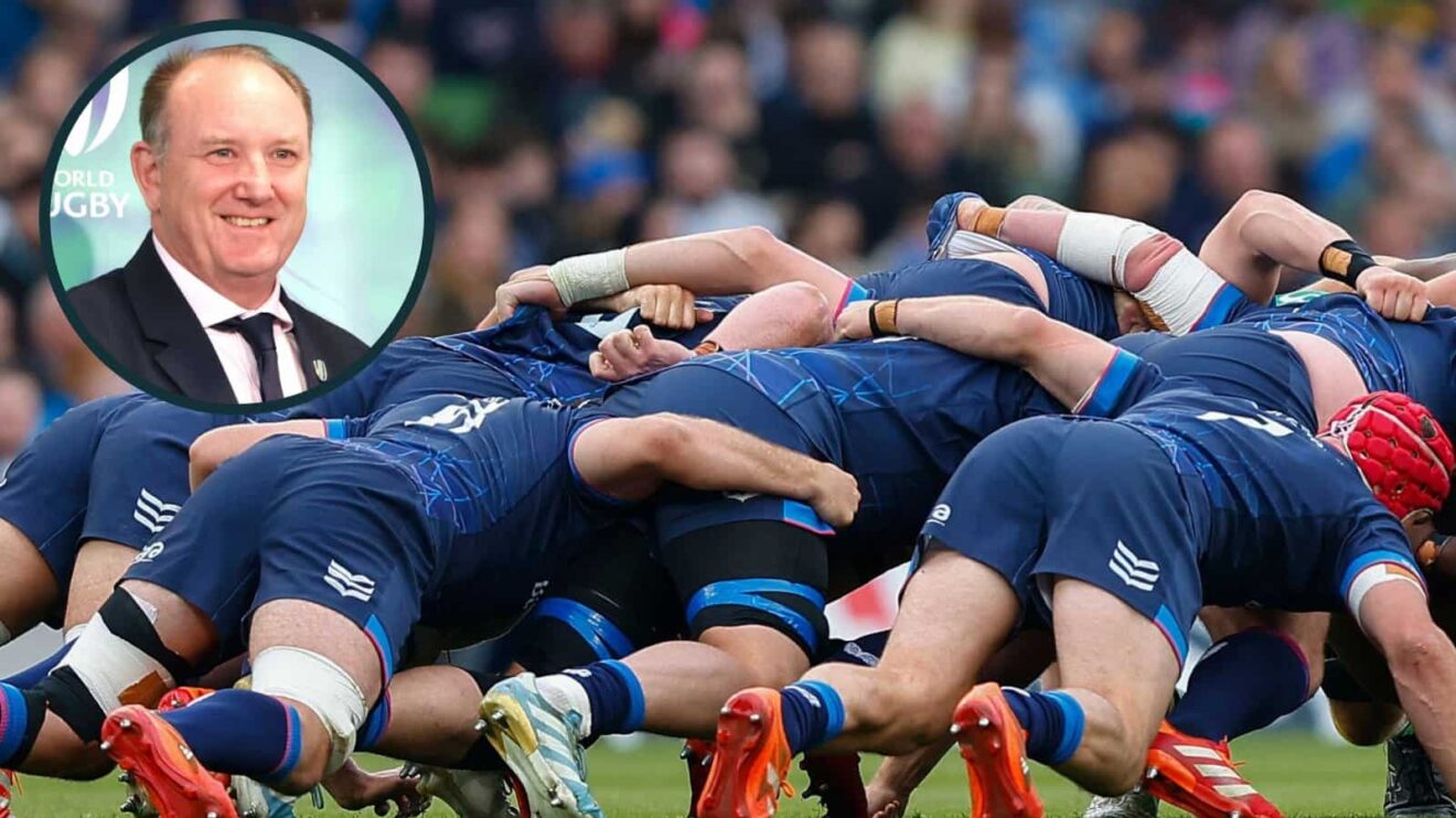 Leinster scrummaging in 2025 and World Rugby chair Brett Robinson (inset).