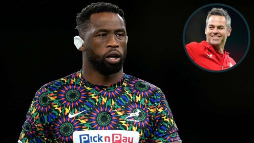 Springboks captain Siya Kolisi, who is leaving the Sharks, and Bath boss Johann van Graan (inset).