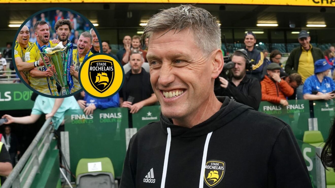 two layer image of Ronan O'Gara and La Rochelle celebratig in 2023