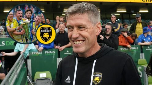 two layer image of Ronan O'Gara and La Rochelle celebratig in 2023