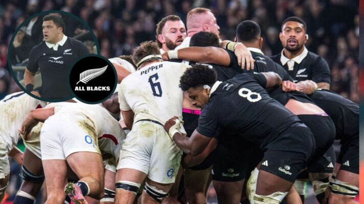 All Blacks scrummaging against England, and loosehead prop Tamaiti Williams (inset).