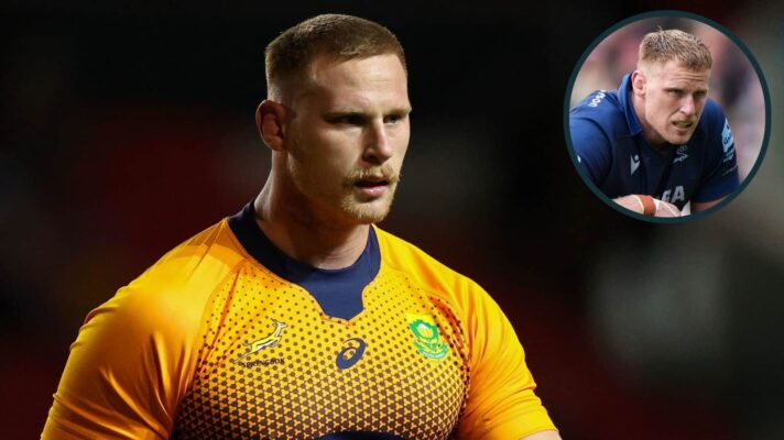 Jean-Luc du Preez in action for South Africa and Sale Sharks (inset).