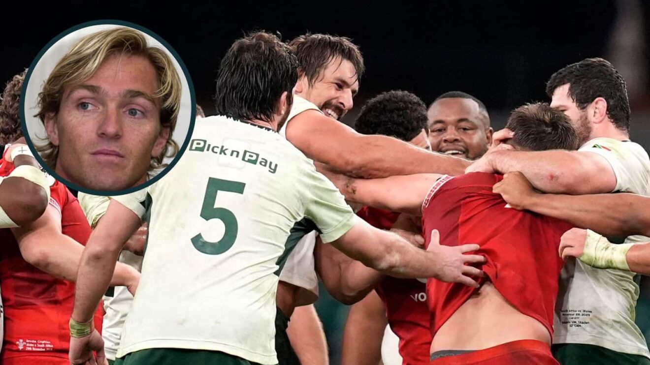 Springboks lock Eben Etzebeth's eye gouge on Alex Mann and an inset of Percy Montgomery.