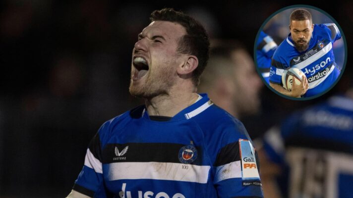 Bath's Ben Spencer celebrates beating Exeter Chiefs and an inset of centre Ollie Lawrence.