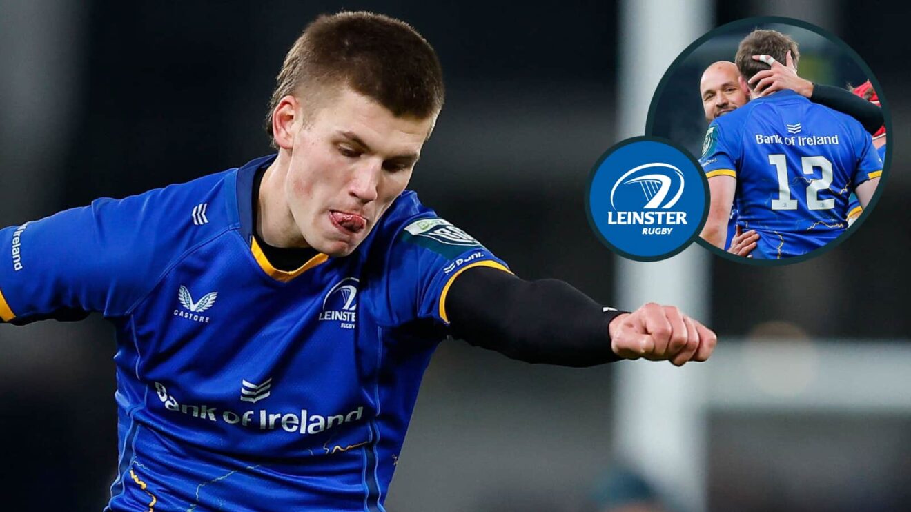 Leinster fly-half Sam Prendergast kicking and centre Charlie Tector celebrating try against Connacht (inset).