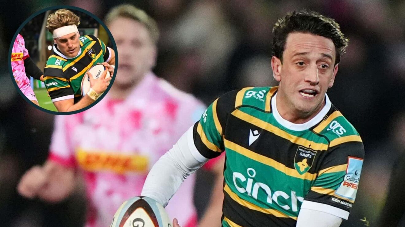 England duo Alex Mitchell and Alex Coles (inset) in action for Northampton Saints against Harlequins.