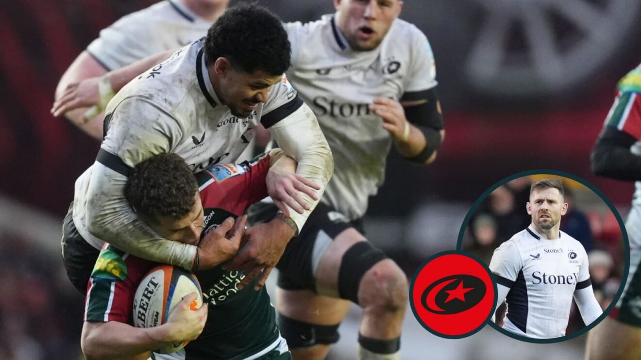 Theo McFarland in action for Saracens against Leicester Tigers.