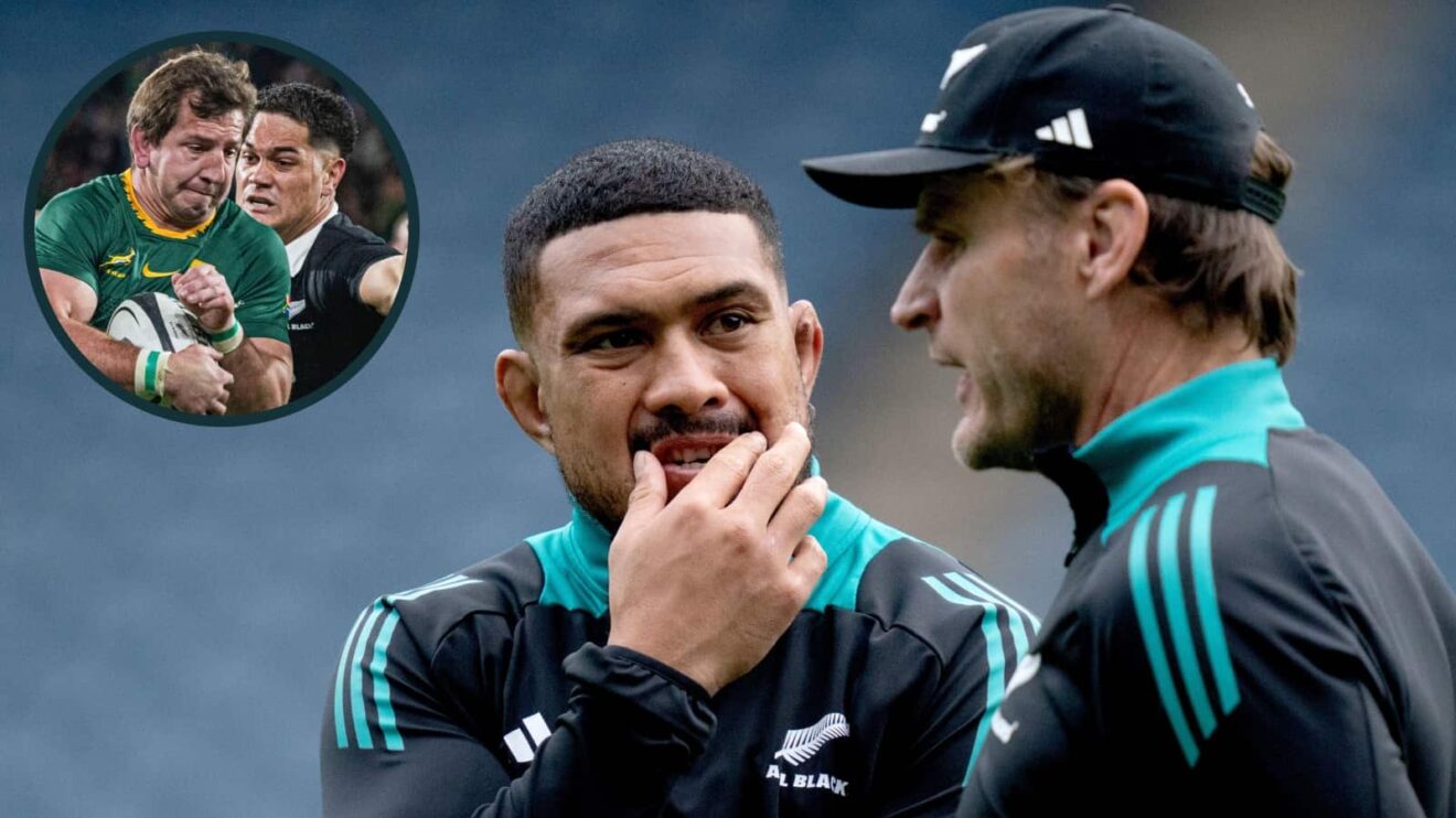 All Blacks coach Scott Robertson and forward Ardie Savea with an inset of Quinn Tupaea tackling Springboks' Kwagga Smith.