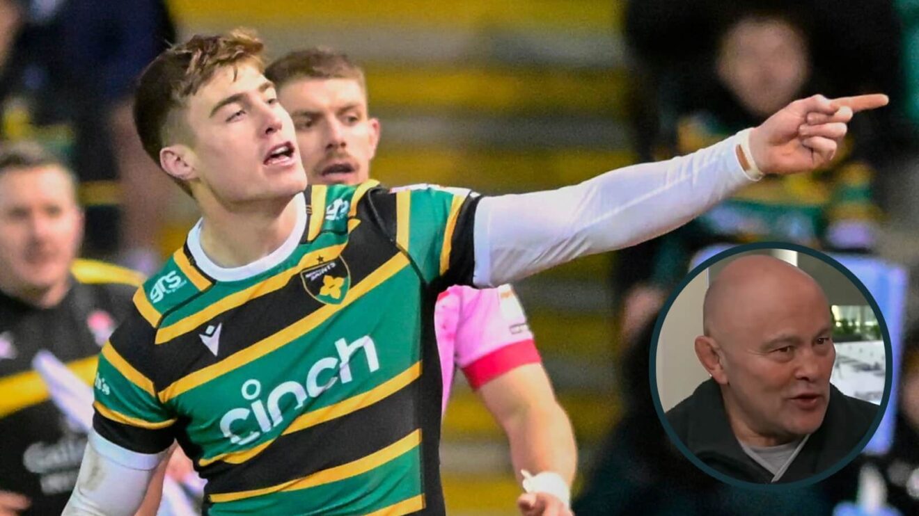 Tommy Freeman celebrating try for Northampton Saints and England great Brian Moore (inset).