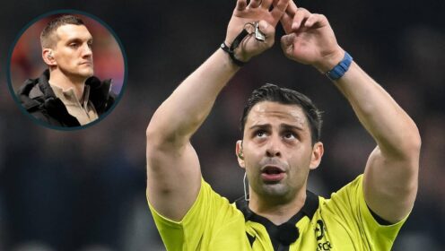 Nika Amashukeli signals for a TMO review and an inset of Wales legend Sam Warburton.