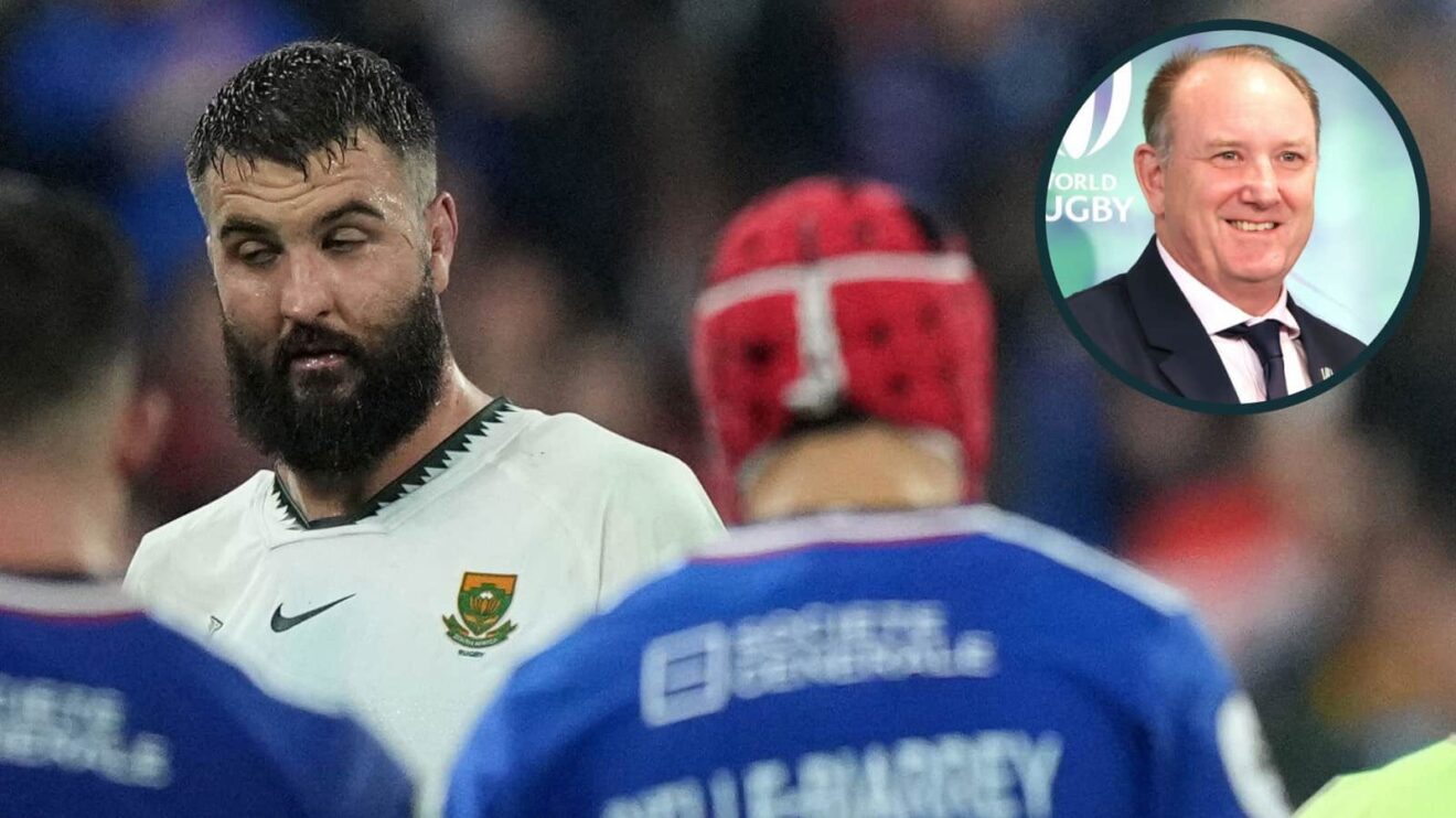 Springboks lock Lood de Jager after receiving red card and World Rugby chair Brett Robinson (inset).